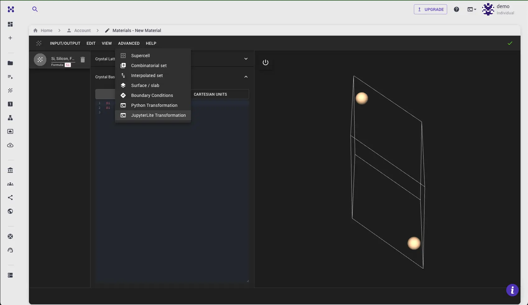 Open JupyterLite Transformation Dialog Materials Designer header with Advanced menu opened